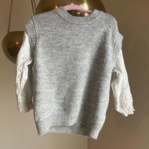 Kid’s Light Grey Knitted Sweater with White Eyelet Balloon Sleeves